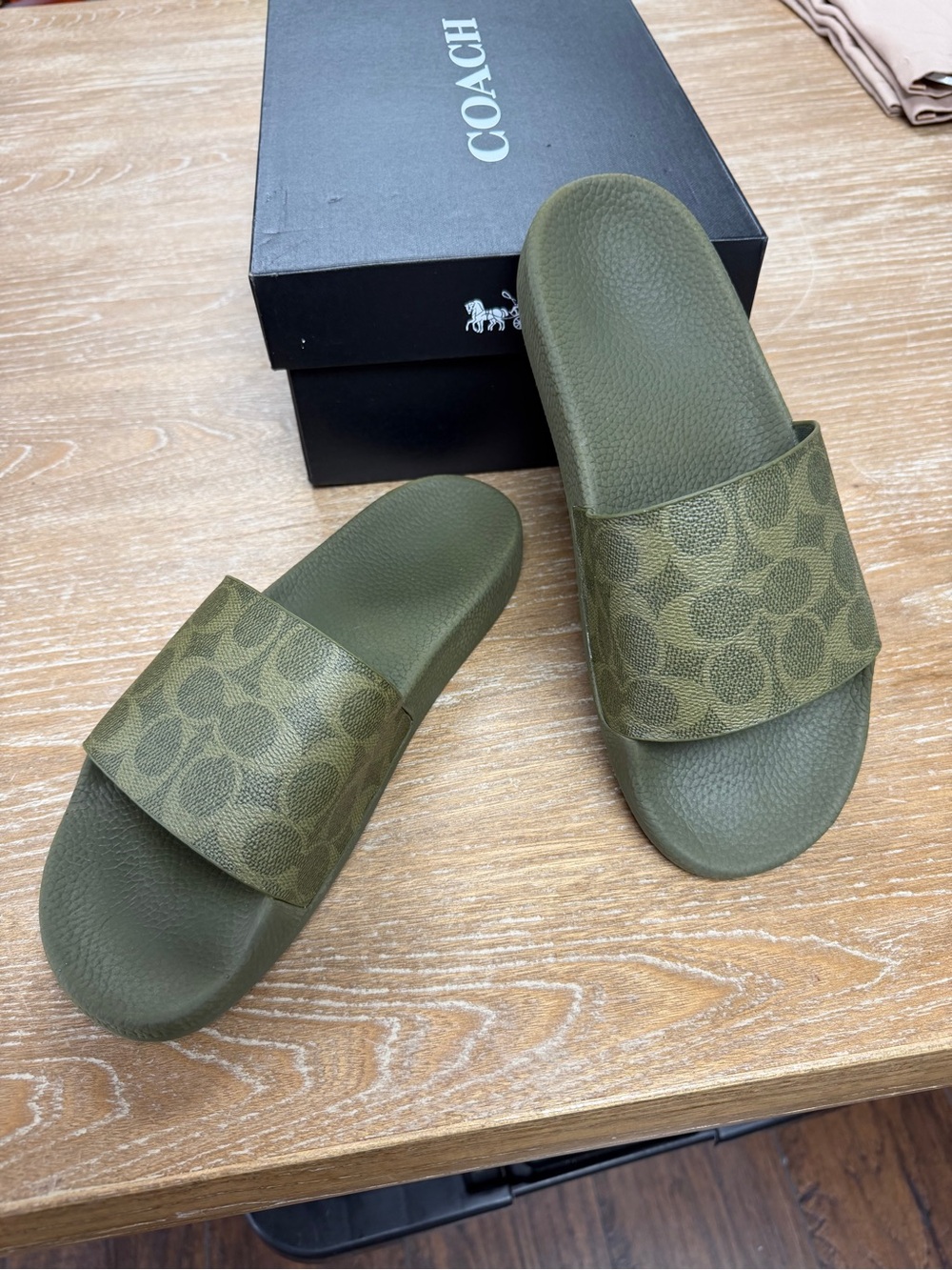Coach Olive Green Monogram Slide Sandals
